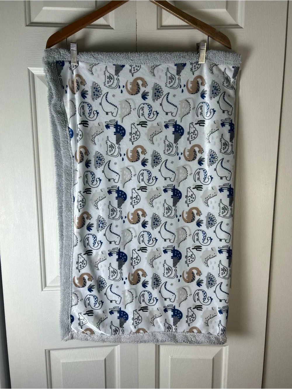 RUNT 1478 Dinosaur Baby Blanket Blue White Gray Sherpa Tan Dino Cactus Lovey
